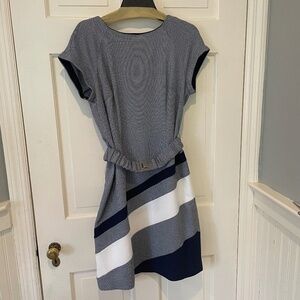 Blue and White Short Sleeve Belted Dress